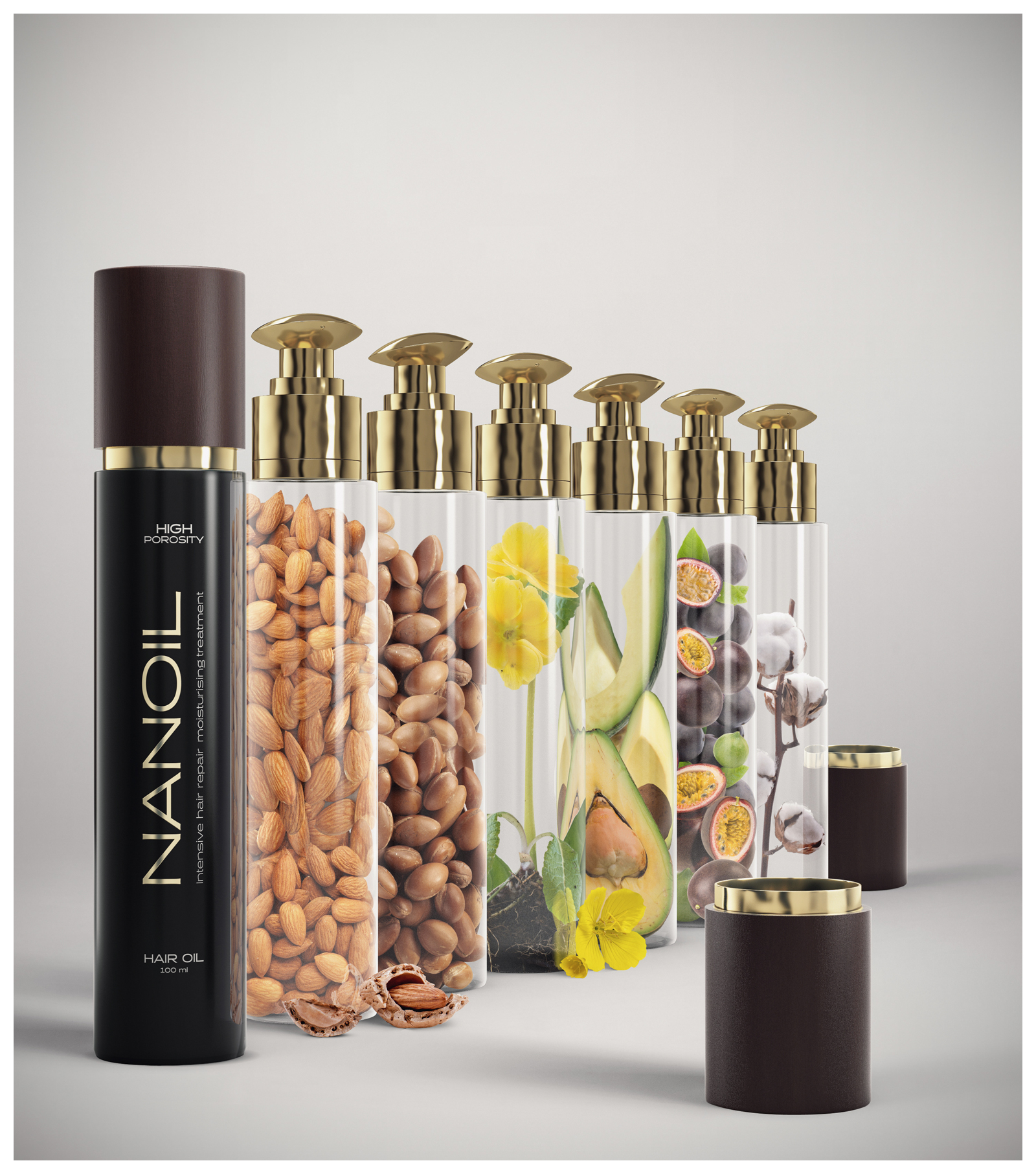 Šesť baniek obsahujúcich orechy, plátky avokáda a bavlnu, vedľa fľaše s vlasovým olejom Nanoil